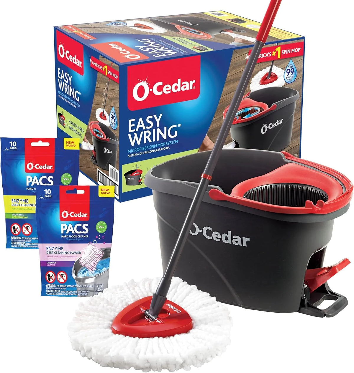 O-Cedar EasyWring Microfiber Spin Mop and Bucket Cleaning System + Citrus and Lavender Pacs (Variety Pack)
