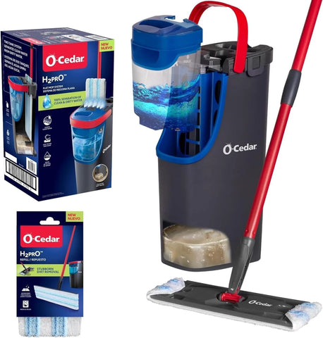 O-Cedar H2prO Flat Mop System with 1 Mop Head Refill | Quick Cleaning Tool | Clean with Clean Water | Machine Washable Reusable Microfiber Mop Pad | Safe on Wood Floors, Vinyl, Tile, Baseboards, Walls